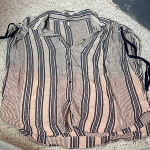 Free People Black and Cream Striped Button-Down Shirt